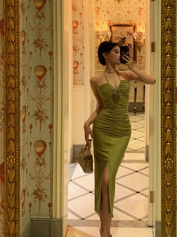 Sheath Halter Green Sleeveless Slit Tea Length Party Dresses Birthday Outfits SD670